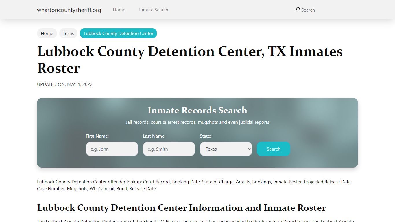 Lubbock County Detention Center, TX Jail Roster, Name Search